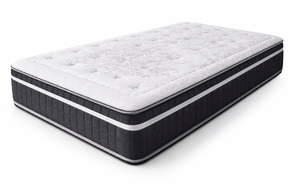 Colchón viscoelástico con tapa superior acolchada blanca de diseño capitoné y laterales en color gris oscuro, acabado premium para descanso confortable.